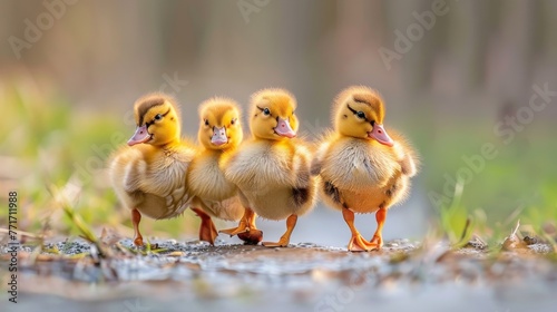  A cluster of tiny yellow ducks gathered on a patch of green near a water source © Anna