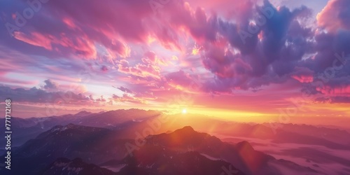 The sun lowers behind a colorful mountain range in a Natural colorful panoramic landscape  photo