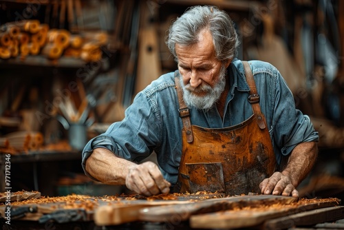 An artisan woodworker carves detailed patterns into a wooden log, surrounded by an array of hand tools and wood shavings in a rustic workshop setting