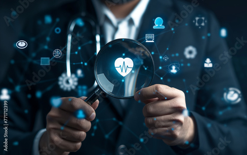 Person holding a magnifying glass with heart beat logo and health holograms on it banner