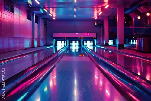   A retro-styled bowling alley  with contrasting lanes and bright  flashing lights 