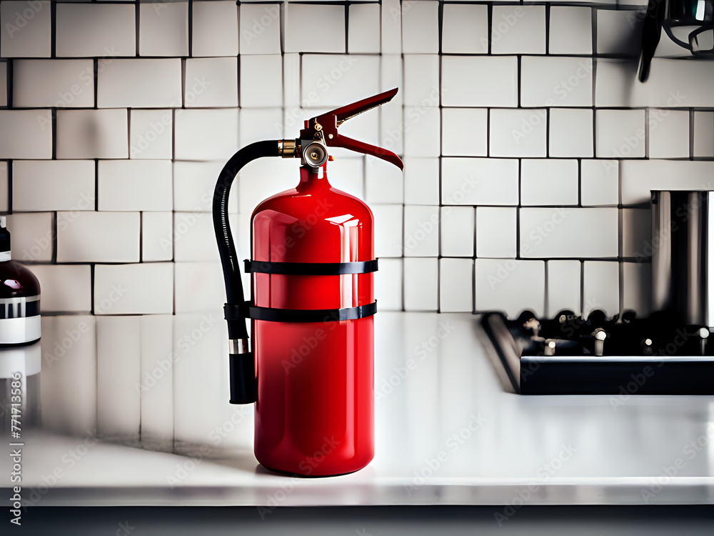 Obraz premium Fire extinguisher mounted on a kitchen platform in a modern and elegant interior.