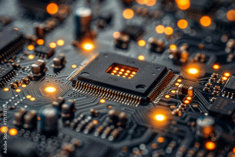 Macro shot of an intricate electronic circuit board featuring central microprocessor and surrounding components