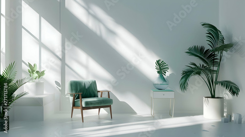 A serene white room adorned with bursts of vibrant jade and indigo, infusing the minimalist space with a sense of playful sophistication photo