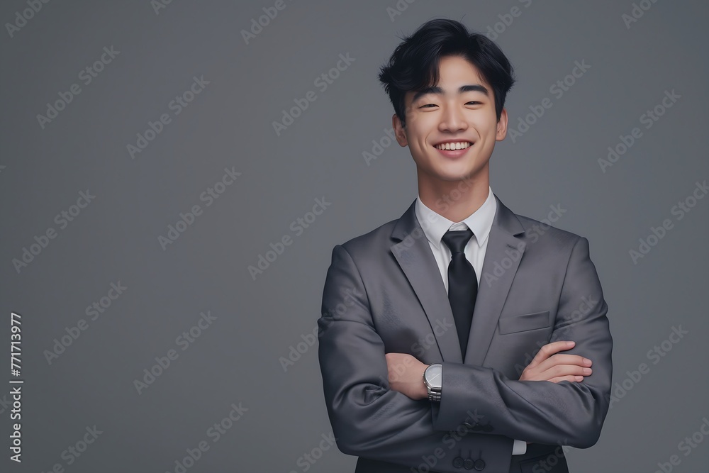 young korean man wearing gray suits smile with their arms folded across their chests young korean man wearing gray suits smile with their arms folded across their chests