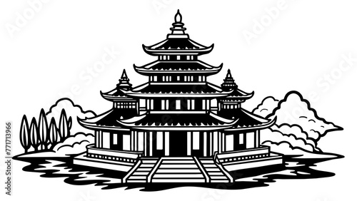 Serene Hand-Drawn Buddhist Temple Illustration: Discover Tranquillity in Art