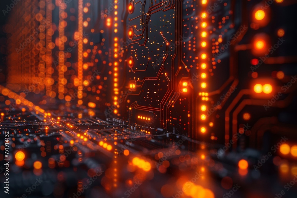 Close-up of an elaborate motherboard, emitting a warm orange glow, highlighting the intricacy of electronic design