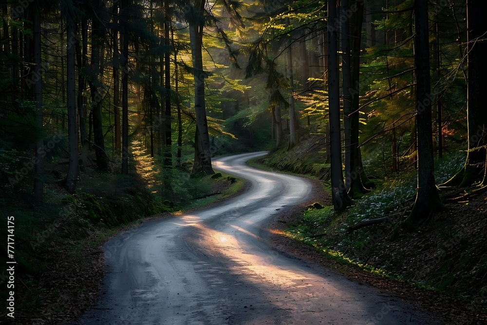 : A road winding through a forest with contrast between the sunlit areas and the shadows