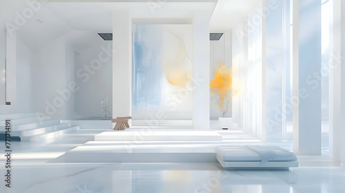 A serene white room punctuated by bursts of vibrant indigo and marigold, creating a dynamic and visually stimulating atmosphere within the minimalist space photo