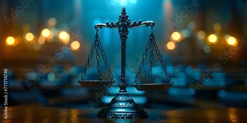 Scales of Justice in a dimly lit courtroom symbolizing equality and the law. Concept Legal justice, Courtroom drama, Equality, Law enforcement, Dim lighting