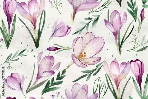 Seamless watercolor pattern featuring soft pink crocuses and delicate greenery  ideal for spring-themed fabric design or wallpaper.
