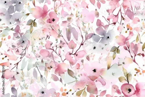 Watercolor primitive style, harmonious blend of pink blossoms and subtle foliage, creating a romantic and soothing pattern for interior decor. Seamless pattern