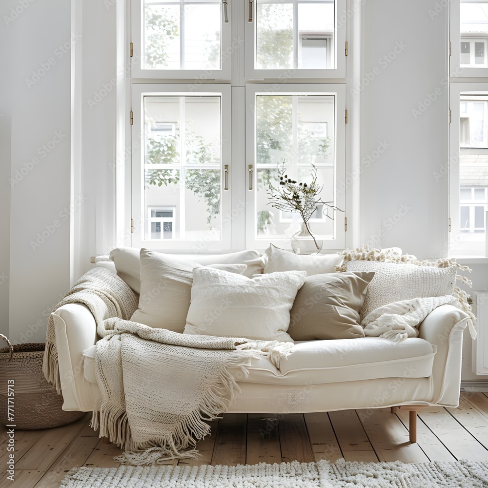 Fototapeta premium close-up image of a beige fabric sofa adorned with terra cotta pillows, set against the backdrop of a modern living room with boho-style interior design. 