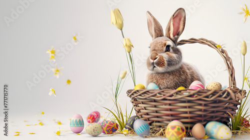 Cute Easter Bunny with  A Basket of Easter Eggs Easter Holiday Happy Easter Aspect 16:9 © Kevin