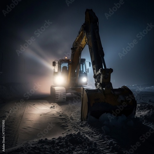 low key photography, backhoe at night, fog, snow