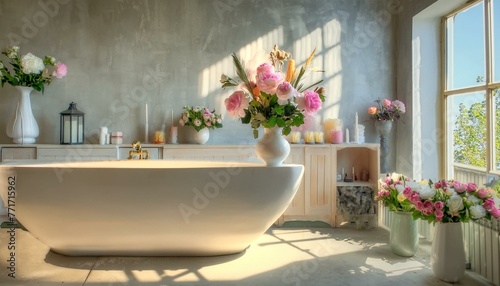 Tranquil Retreat: White Bathtub Adorned with Fresh Flowers in Vases on Countertop © Only 4K Ultra HD