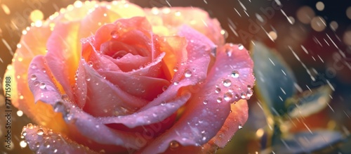 close up view of rose with water drops background
