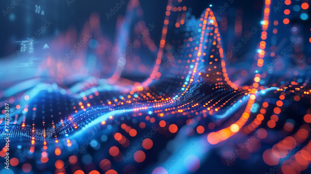 Visualization of a data network using light blue and orange dots on a ...