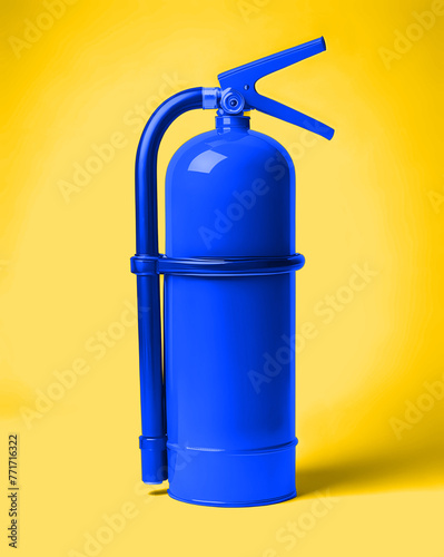 A blue fire extinguisher on yellow isolated background. 3D illustration.