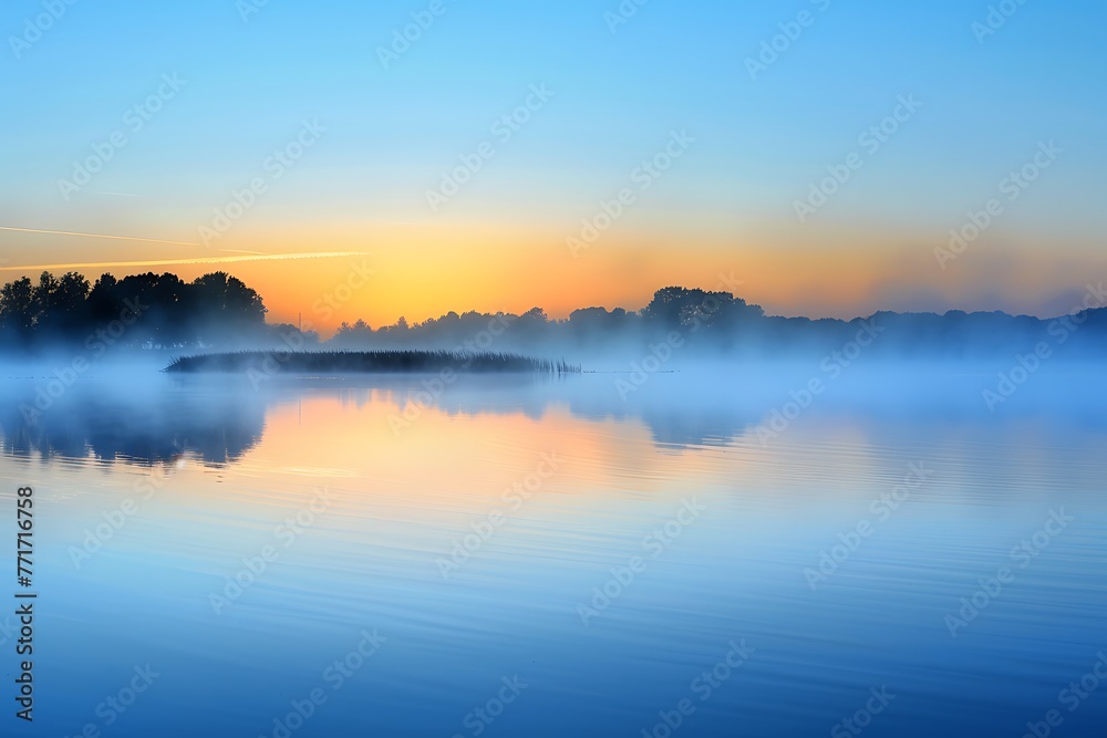 : A serene lake at dawn, with mist rising from the water