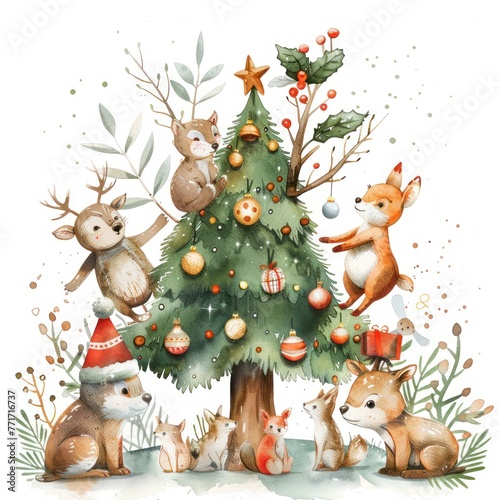 Pastel watercolor Christmas tree  cartoon woodland creatures decorating