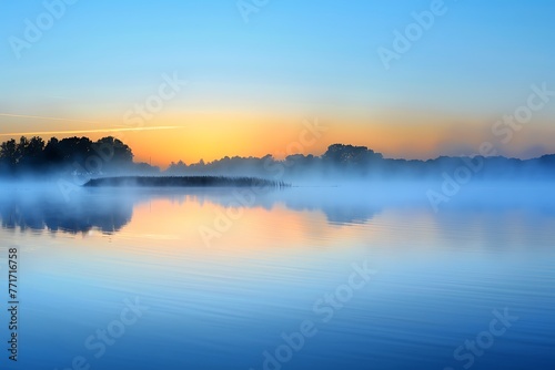 : A serene lake at dawn, with mist rising from the water