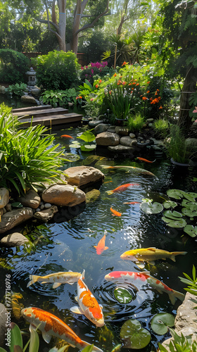 Aesthetically Pleasing Landscaped Garden Accompanying a Vibrant Koi Pond © Vincent