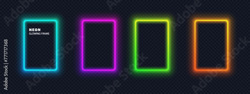 Vibrant color border isolated on dark. Abstract color gradient frame with copy space. Soft neon light vector shapes
