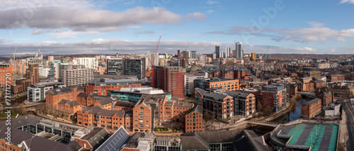 Aerial panorama of Leeds city centre and The Leeds to Liverpool canal