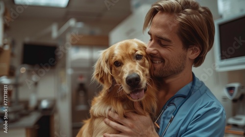 A young handsome male doctor in glasses is holding a golden retriever dog inside a modern white clinic. Modern Veterinary Clinic. Handsome man with dog looking at camera with smile face. 
