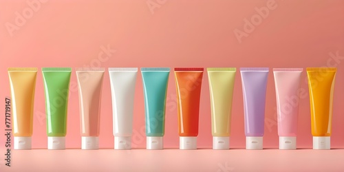 Realistic mockup of colorful cosmetic tubes with blank caps for ointment gel serum or lip gloss in Korean packaging. Concept Korean Packaging Design, Cosmetics Mockup, Colorful Tubes photo