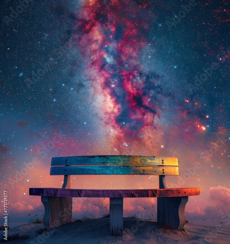 bench in the night, colorful surreal sky above