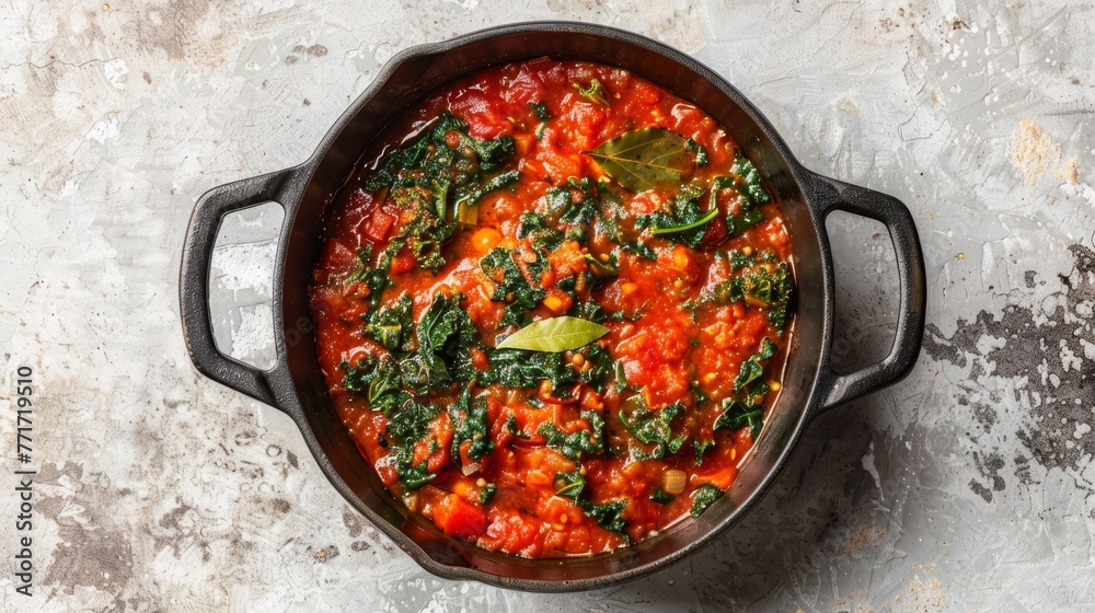 A bowl of hearty stew featuring spinach, tomatoes, and an array of colorful veggies atop a white table, finished with a vibrant green garnish A bowl of hearty stew featuring spinach, tomatoes, and an array of colorful veggies atop a white table, finished with a vibrant green garnish