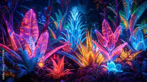 Radiant Neon Jungle:An Abstract Digital Art of Flora in a Vibrant,Otherworldly Setting