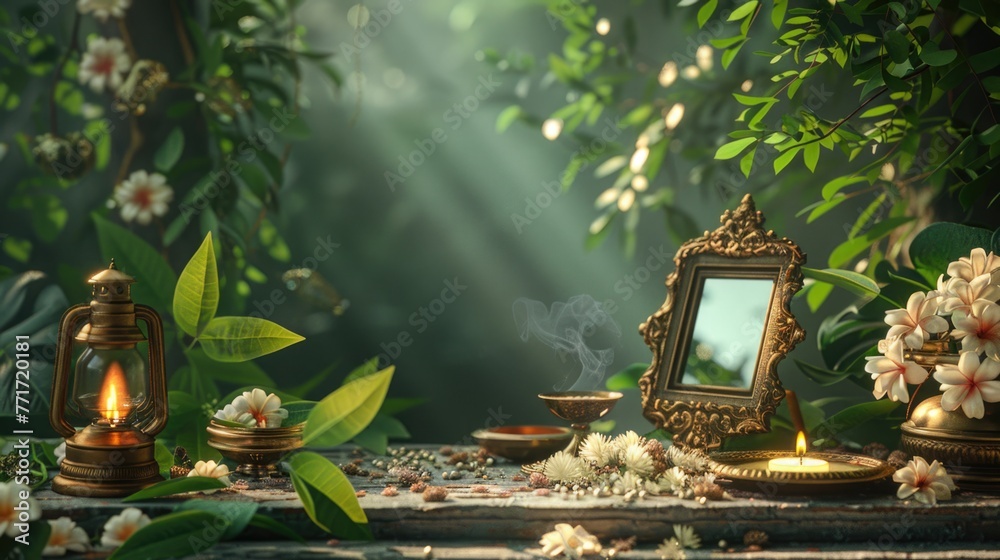 Elements of the Vishu festival, including a traditional brass lamp (Nilavilakku) and a mirror, set against a lush green background symbolize the richness and depth of Kerala's cultural traditions. - obrazy, fototapety, plakaty 