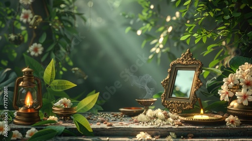 Elements of the Vishu festival, including a traditional brass lamp (Nilavilakku) and a mirror, set against a lush green background symbolize the richness and depth of Kerala's cultural traditions. © Татьяна Креминская