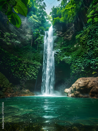 A breathtaking vertically composed image captures a hidden waterfall plunging into a serene pool within a vibrant jungle