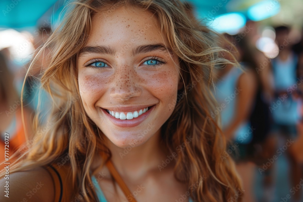 A portrait of a cheerful young woman with sunlit freckles and a bright smile in focus A portrait of a cheerful young woman with sunlit freckles and a bright smile in focus