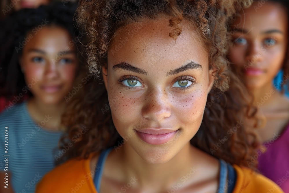A vibrant close-up showcasing a youthful individual with striking curly hair and a beaming smile A vibrant close-up showcasing a youthful individual with striking curly hair and a beaming smile
