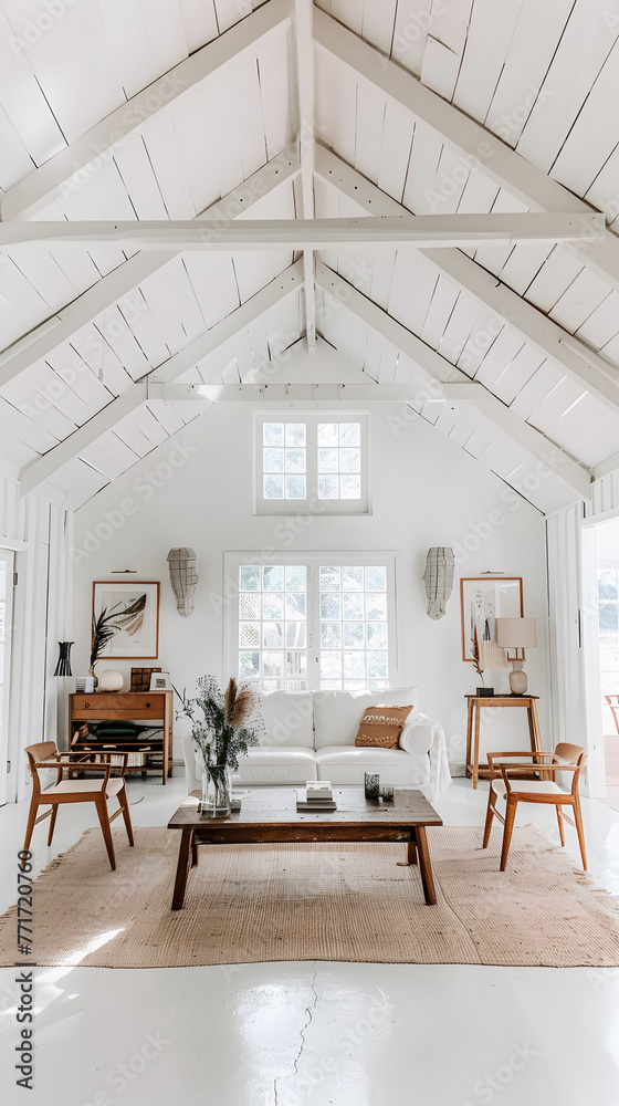 Fototapeta premium An inviting cozy living room with natural light flooding in through large windows, highlighting the minimalist furniture and white decor