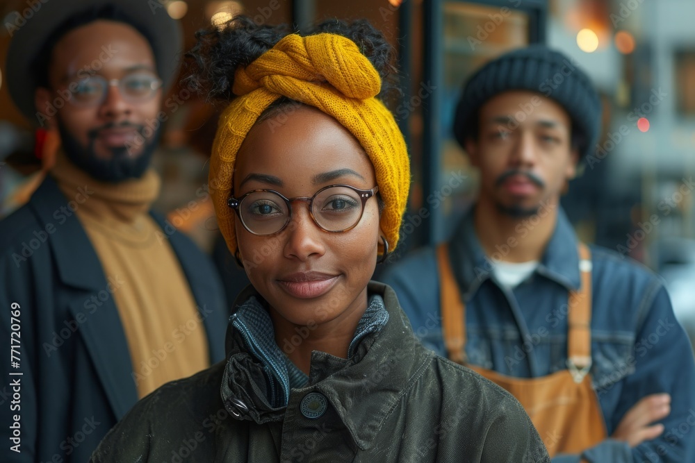 Three friends pose confidently in the city, with focus on a woman in a yellow headwrap