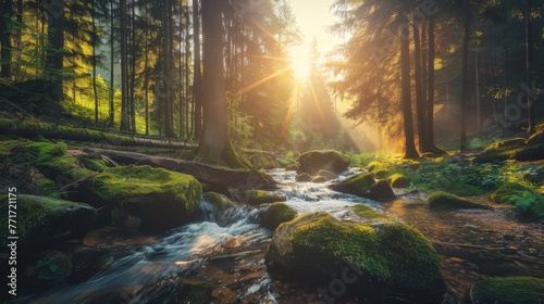  A forest stream  lush with green mossy stones and tree-covered sunlight