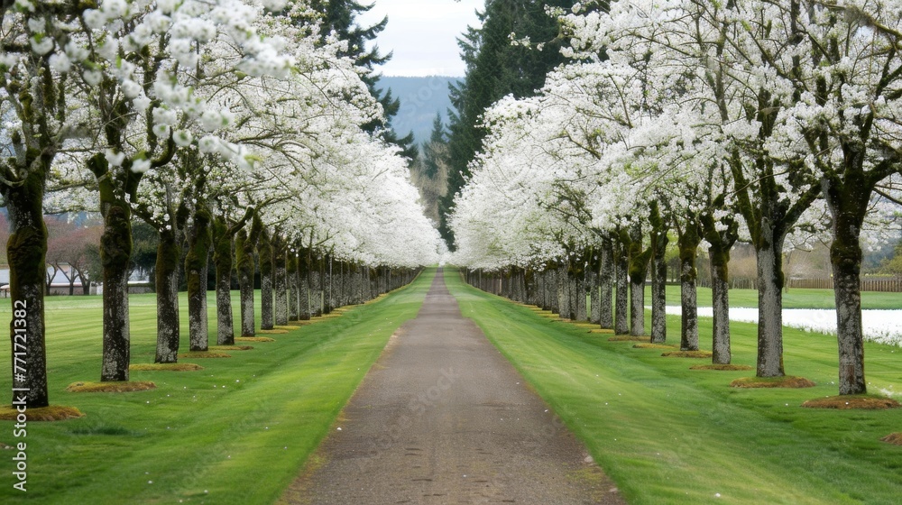 A grassy field surrounded by tall trees, each adorned with white blossoms, is separated by a paved path A grassy field surrounded by tall trees, each adorned with white blossoms, is separated by a paved path