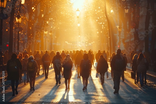 Sunset casting a golden hue over a busy urban street filled with people walking, symbolizes end of day