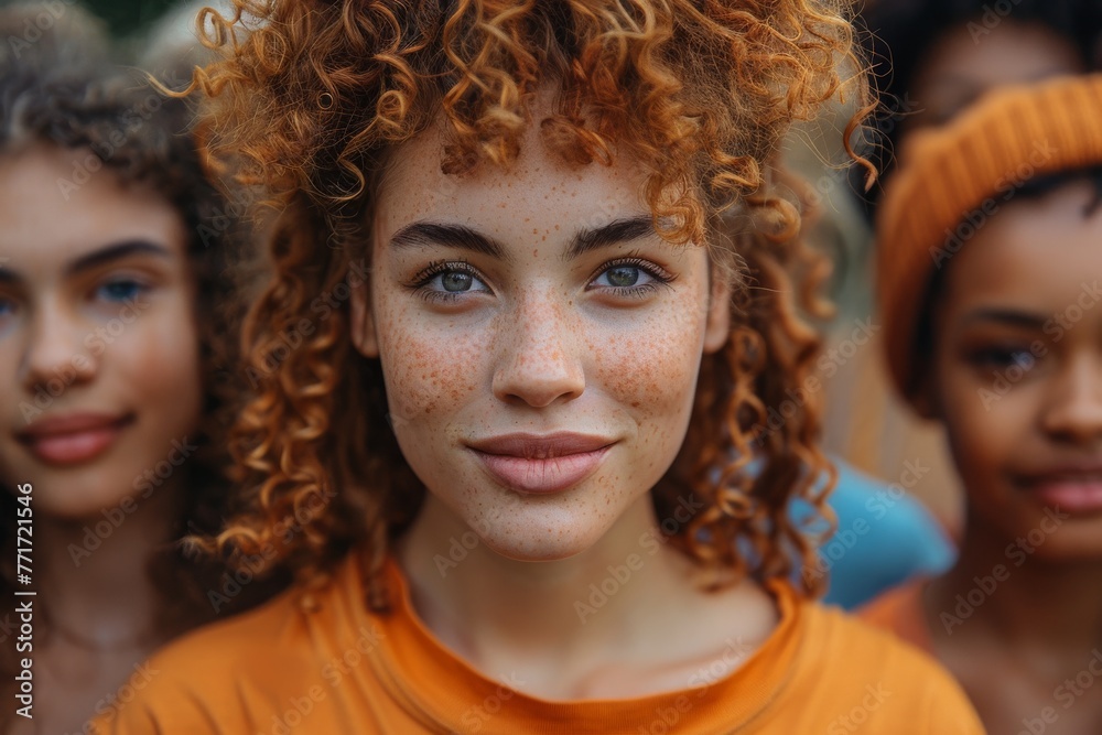 Curly redhead woman with captivating eyes and freckles Curly redhead woman with captivating eyes and freckles