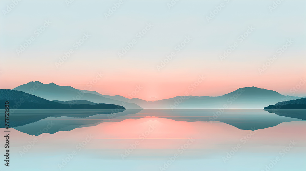 A tranquil scene with layered mountain silhouettes and a soothing pastel sky reflecting in calm waters