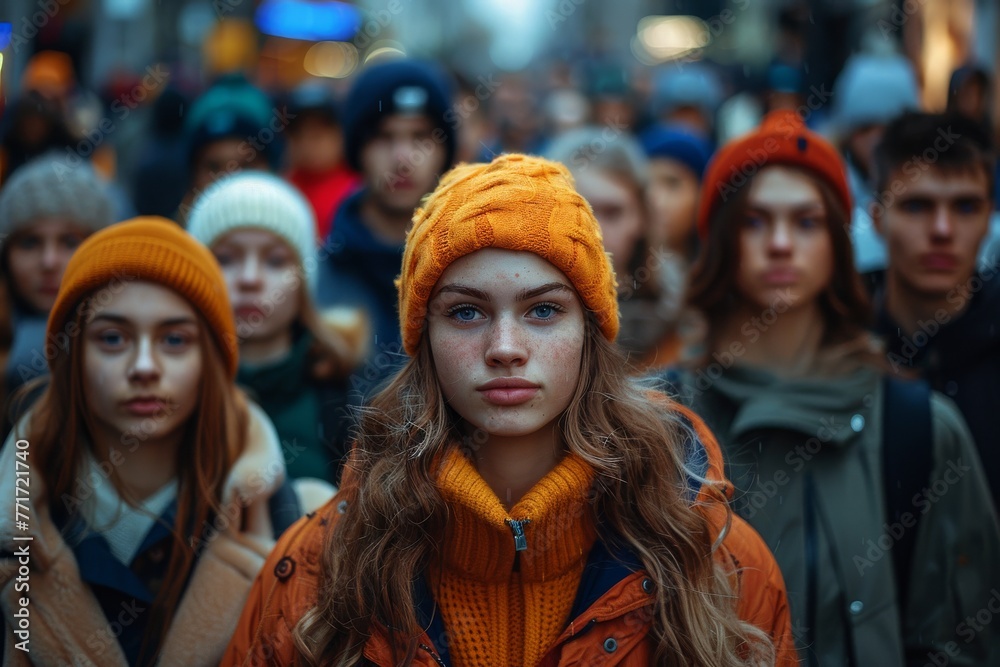 Serious young woman in orange hat and jacket stands out in a crowded city scene