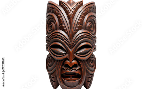 A wooden mask with intricate carvings against a stark white background