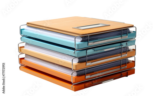 A tall stack of colorful folders piled haphazardly on top of each other