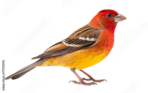 A vibrant red and yellow bird perched majestically on a clean white background